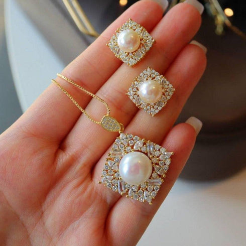 Square Pendant CZ White Freshwater Pearl Set - House Of Pearls